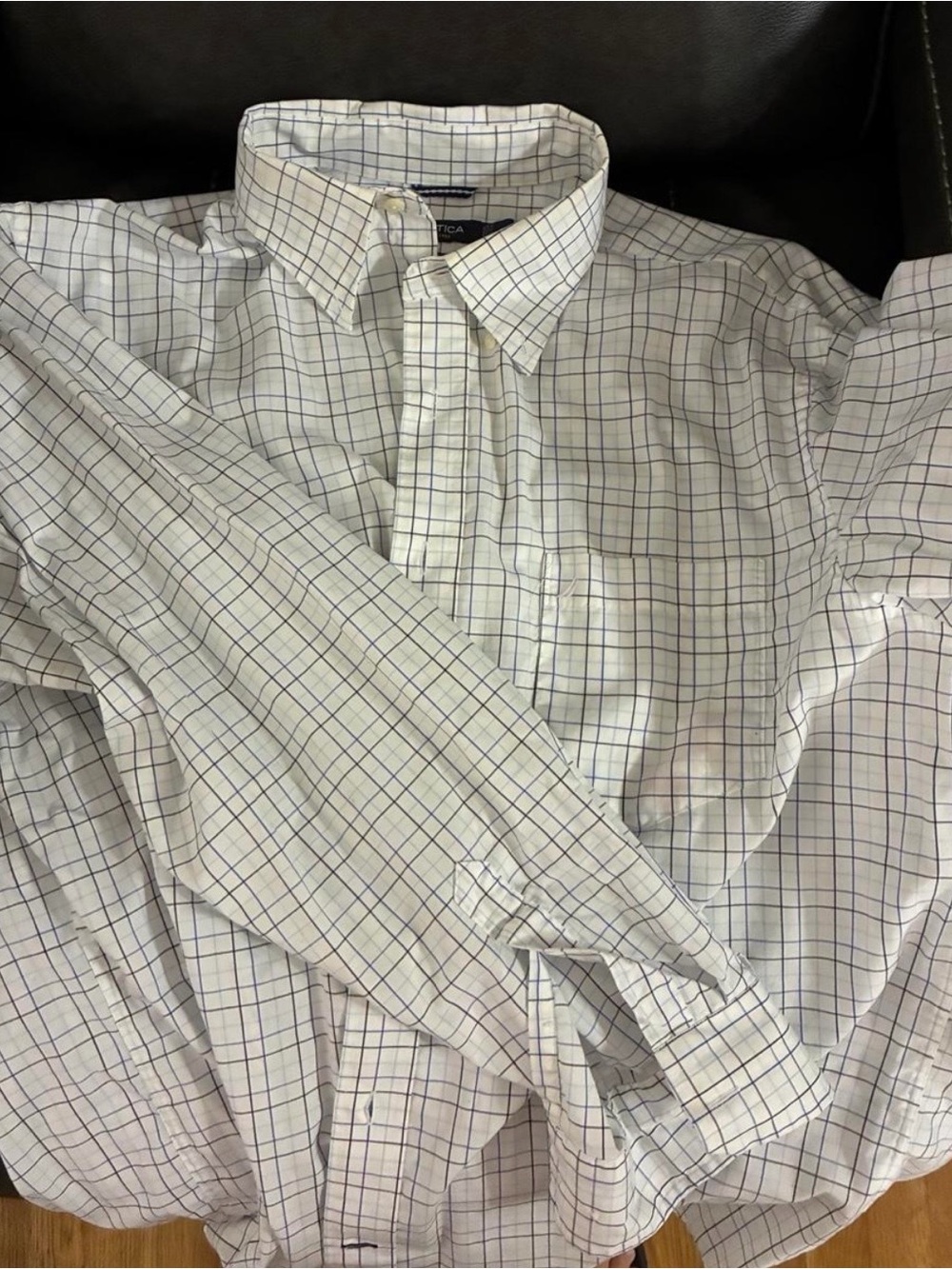 Nautica White Button-Down Shirt with Navy Windowpane